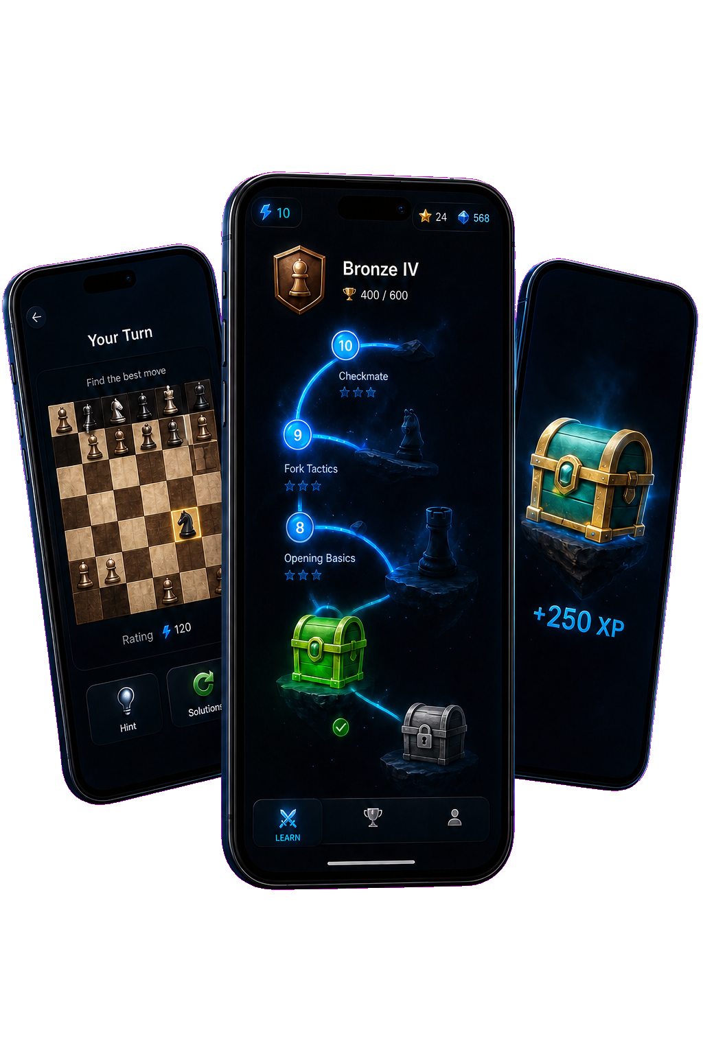 Jiddie mobile screens showing a chess puzzle, learning path and reward chest
